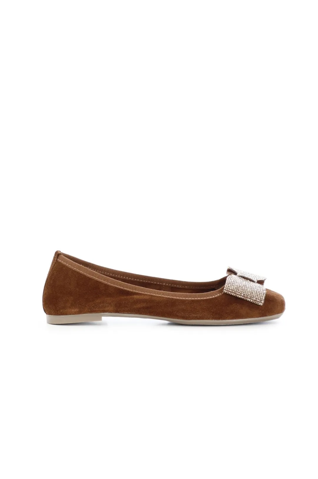 ballerina in pelle scamosciata monocolore con fiocco tempestato di strass cuoio